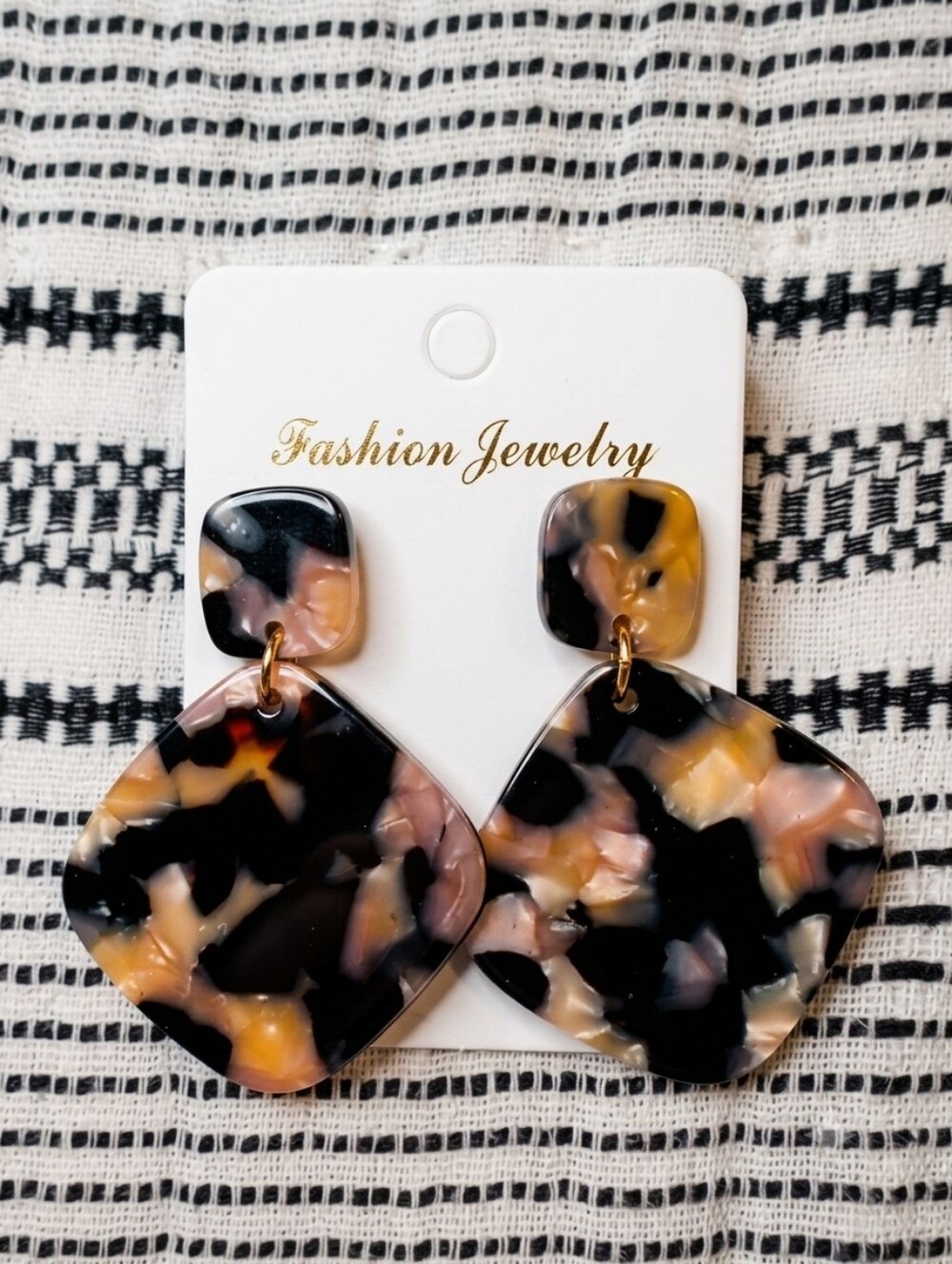 Fashion Jewelry Black Marbled Drop Earrings with Cream & Black Accents